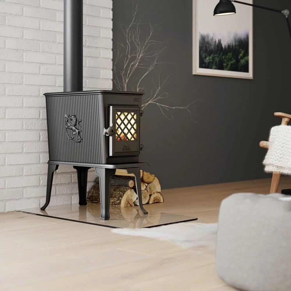 Jøtul F 602 Eco vedovn med åpen dør og bål