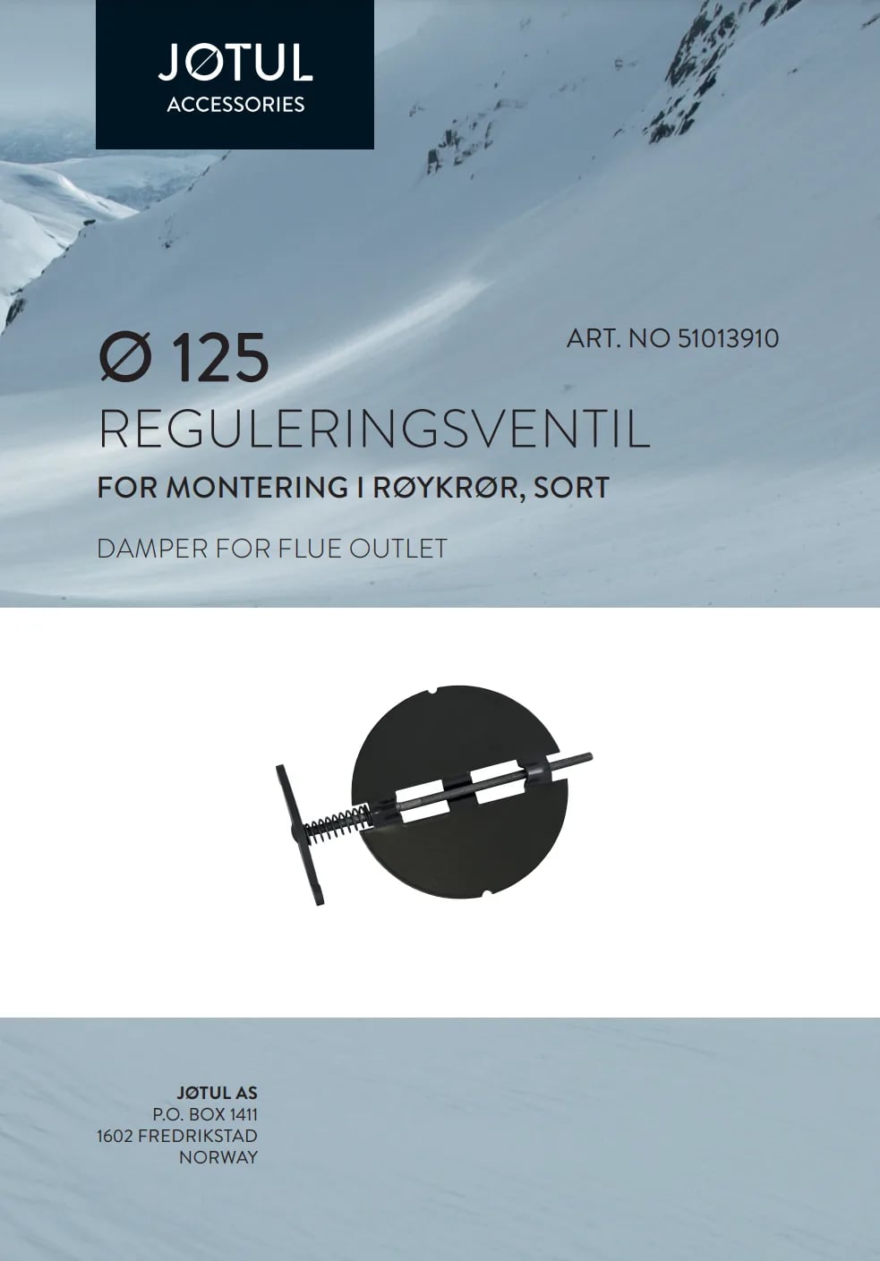 Ø125 Reguleringsventil for montering i røykrør, sort